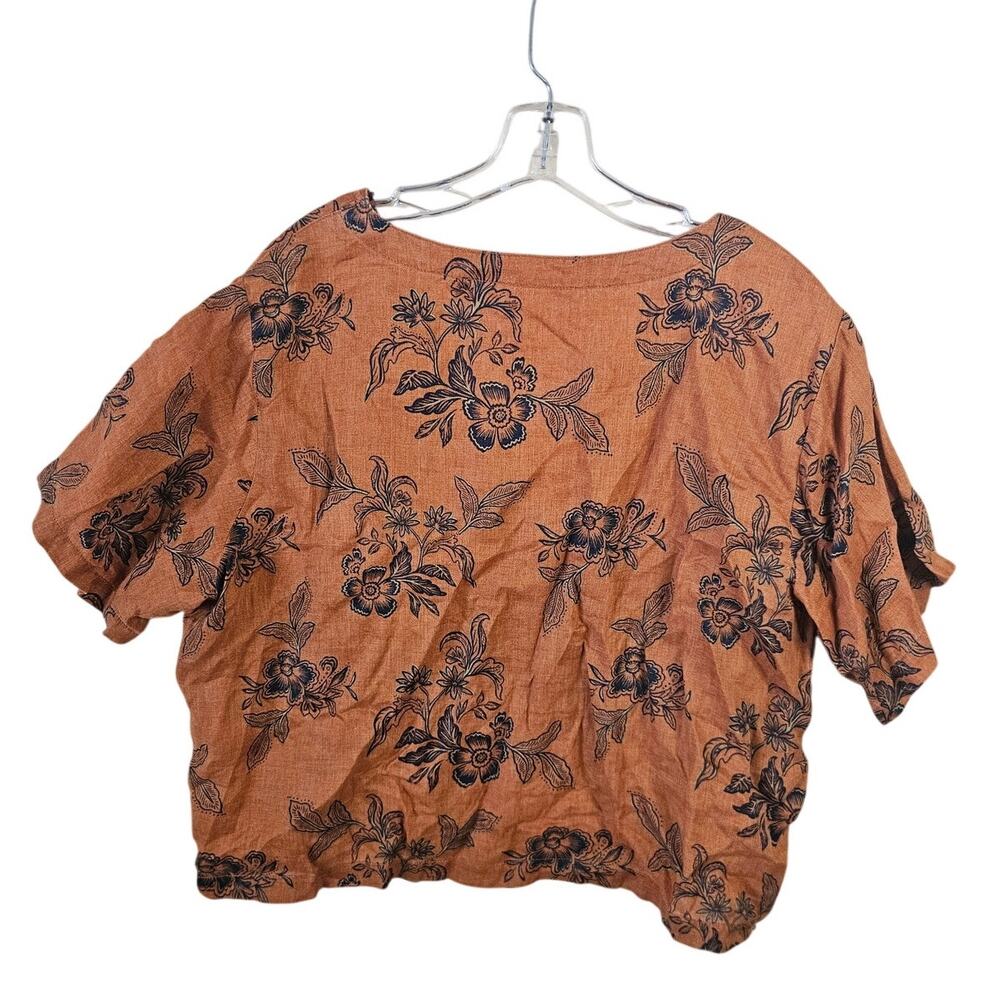 Garnet Hill Gabby Folk Floral XL Button Front European Flax Linen Rust Black - Picture 2 of 9
